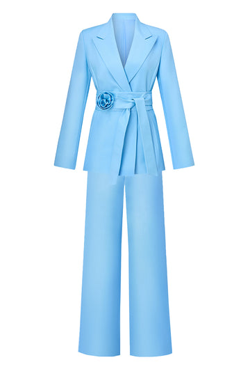 Blue Peak Lapel 2 Piece Women's Suits with Belt